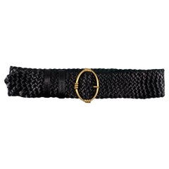 PRADA Black Wide Woven Leather Belt with Gold Toned Buckle, 2000s