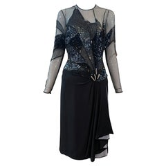 Paul-Louis Orrier Schwarzes Cocktailkleid mit Perlenbesatz und Spitzeneinsatz, 1980er Jahre