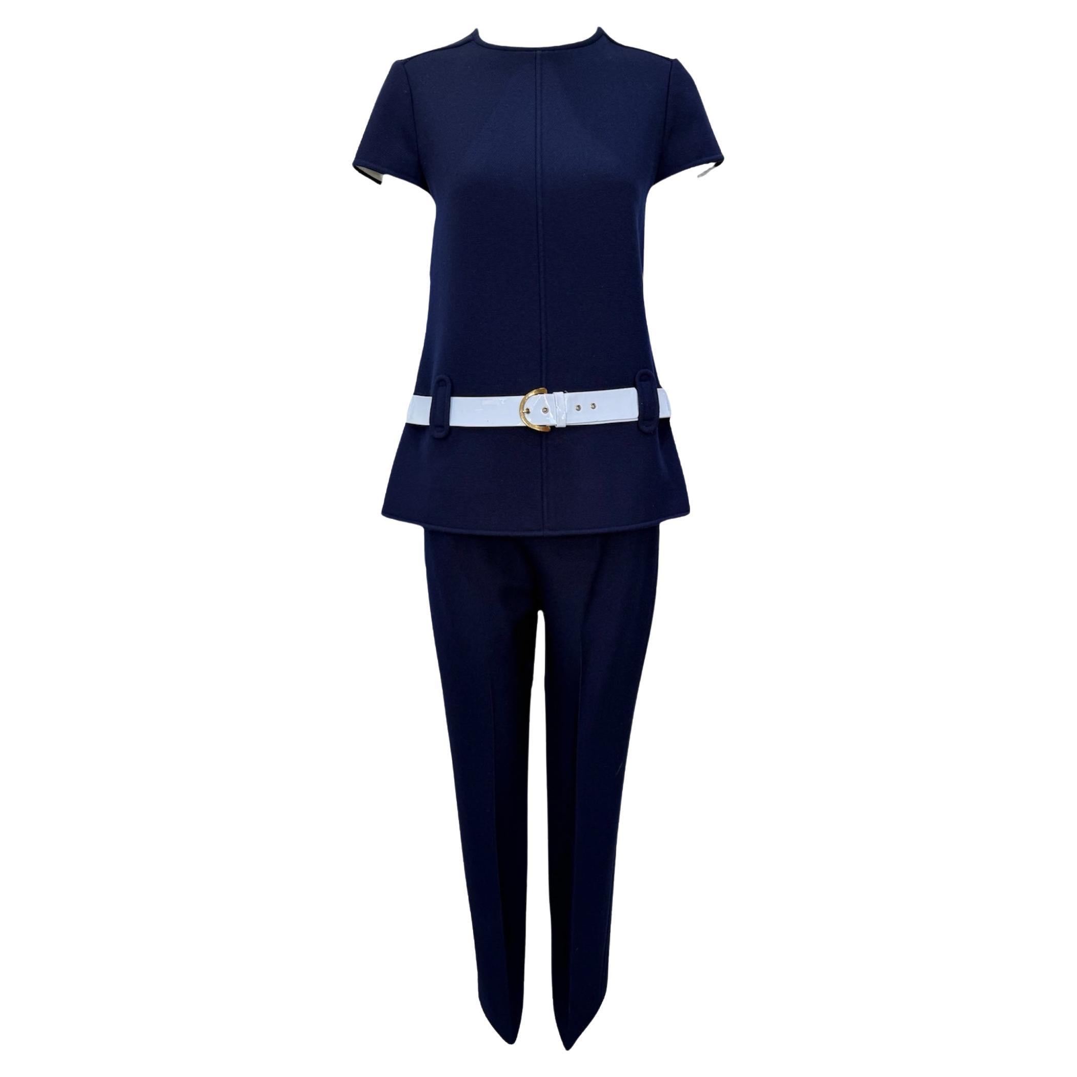 Courrèges Mod Navy Blue Wool Pantsuit with Patent White Belt, 1960s