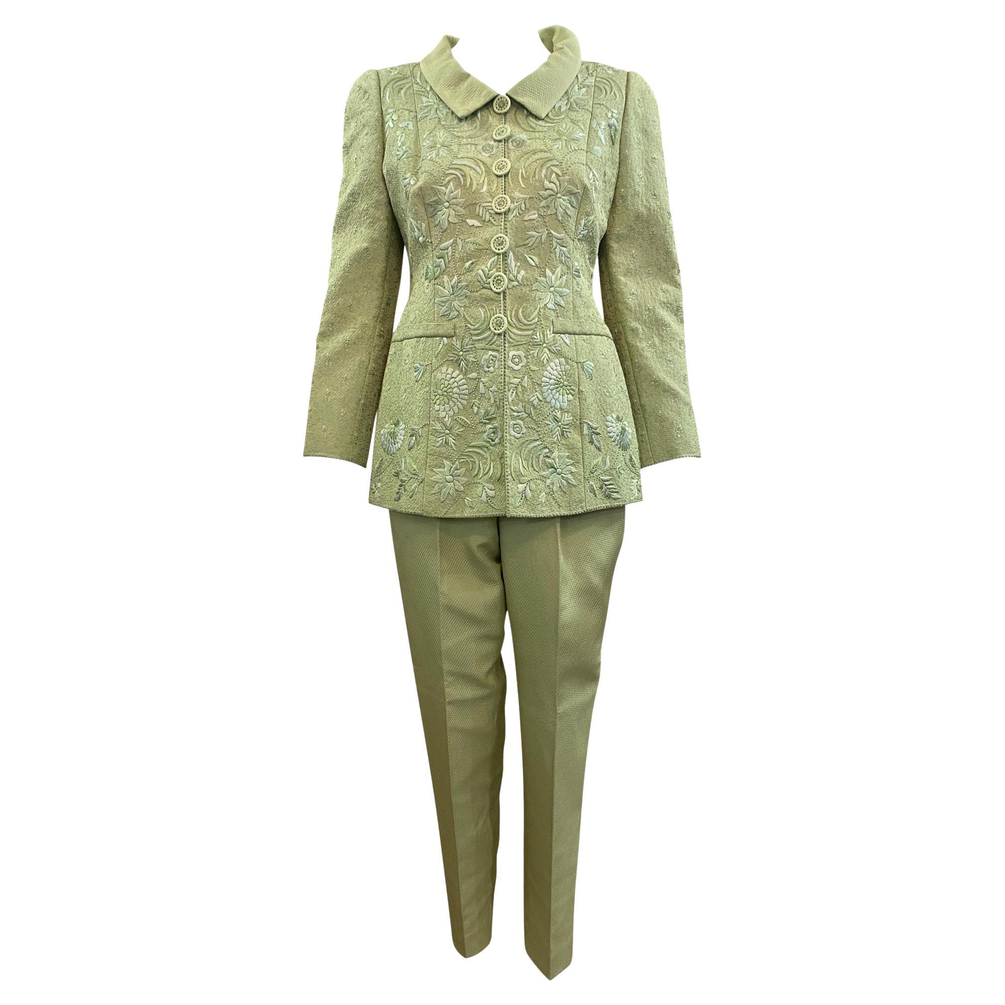 Balmain Haute Couture Mint Green Suit with Embroidery, 2000s For Sale