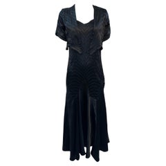 Black Satin Bias Cut Tea Length Gown with Matching Bolero Jacket, 1930s