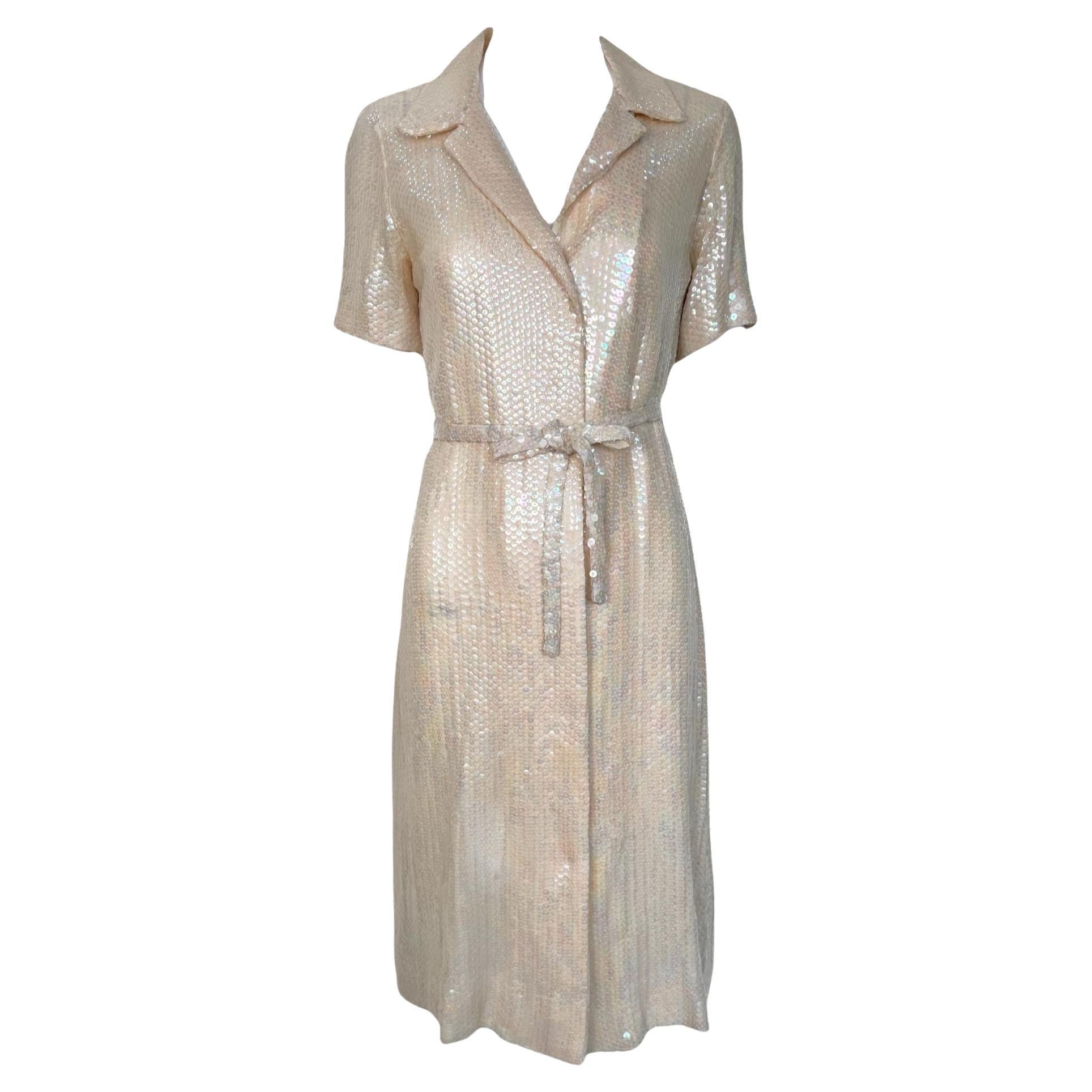 Halston Resort Cream Sequin Shirt Dress Tie Belt, 1974