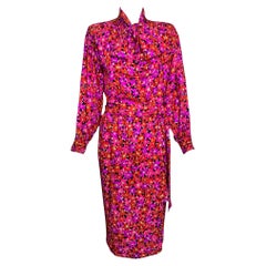 Saint Laurent Magenta Silk Floral Print Dress Ensemble, 1989