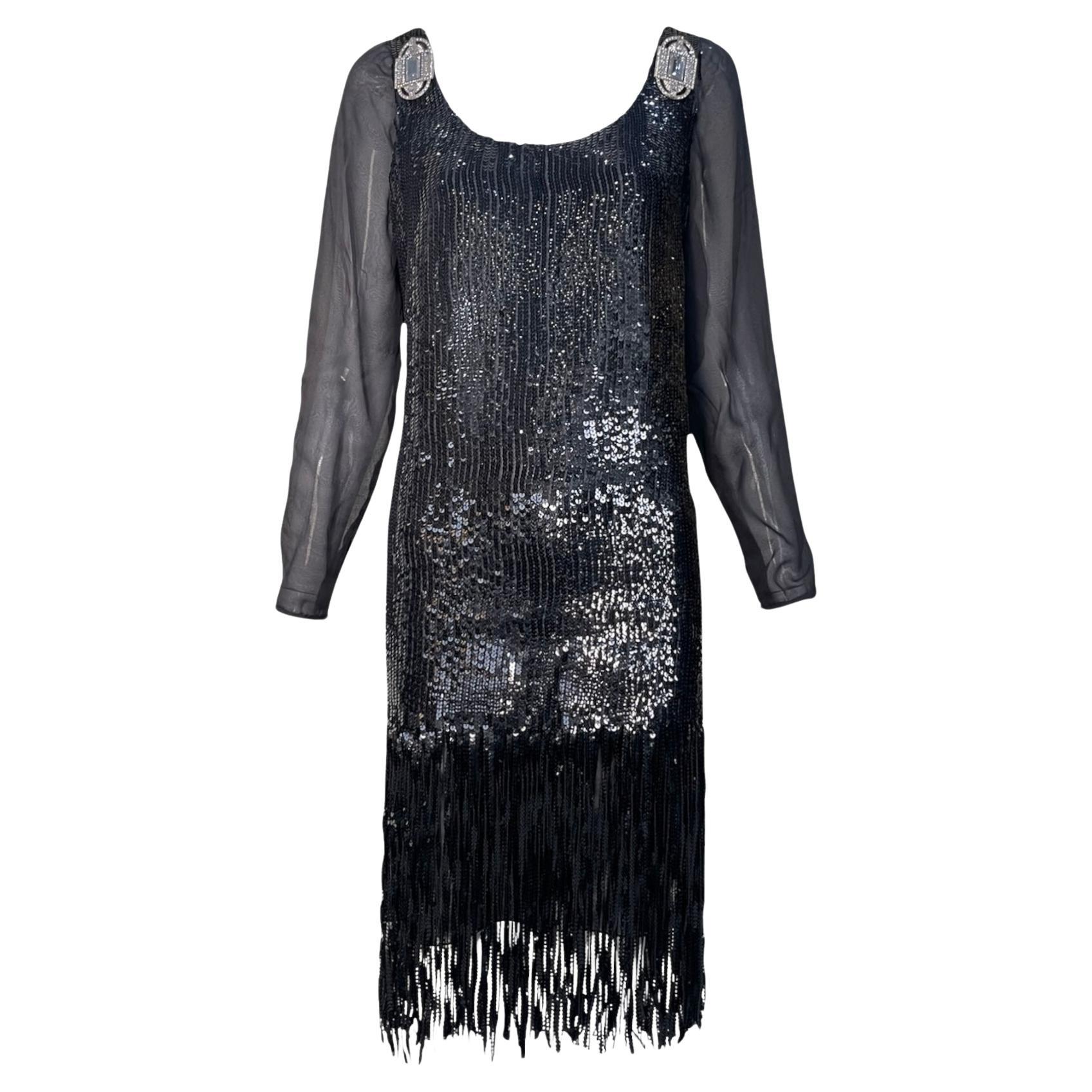 Robe de cocktail à franges en paillettes noires de Gianfranco Ferré, années 1980 en vente