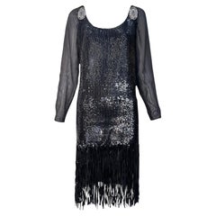 Gianfranco Ferré Black Sequin Fringe Cocktail Dress, 1980s