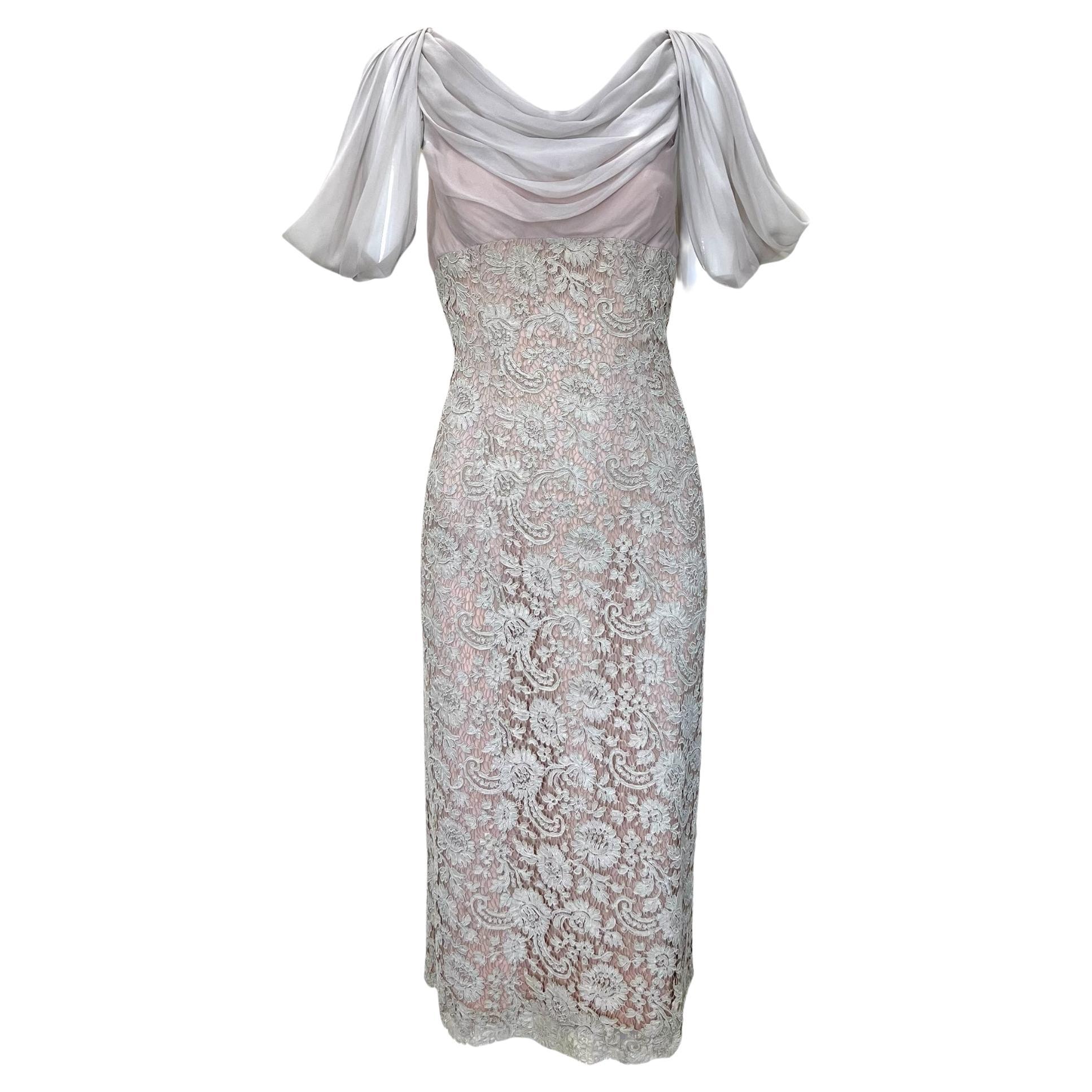 Harry Cooper Blush Draped Chiffon Dress with Lace Bodice, 1960s