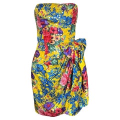 Bellville Sassoon Vestido de cóctel de seda floral amarilla y lentejuelas, años 80