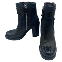 Chanel Black Biker Booties w/Paatent Leather Toe, 2000s