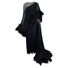 Balestra Couture Black Chiffon Gown with Ostrich Trim and Train, 1960s