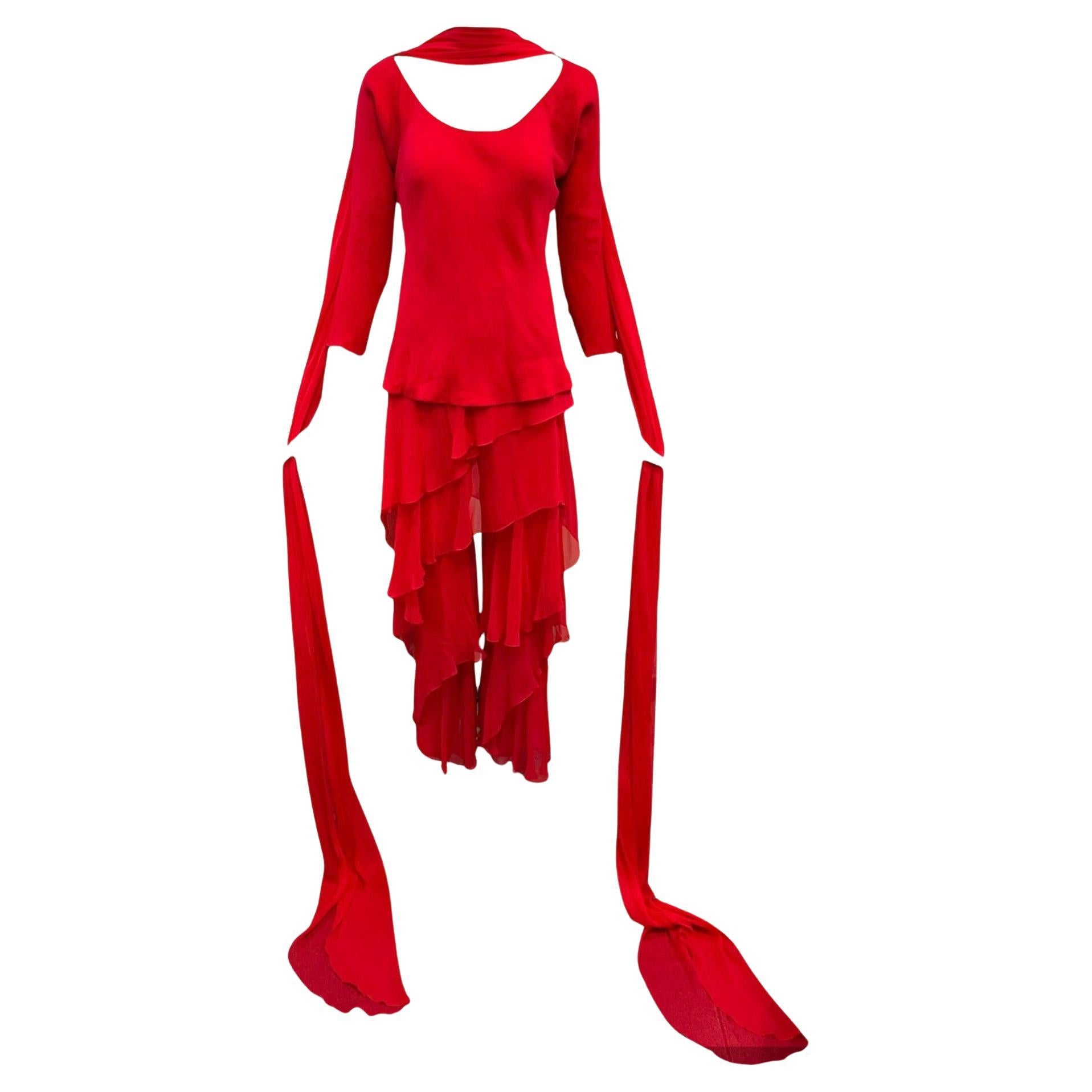 Halston Resort Red Silk Chiffon Ruffled Beach Pajama Ensemble, 1977