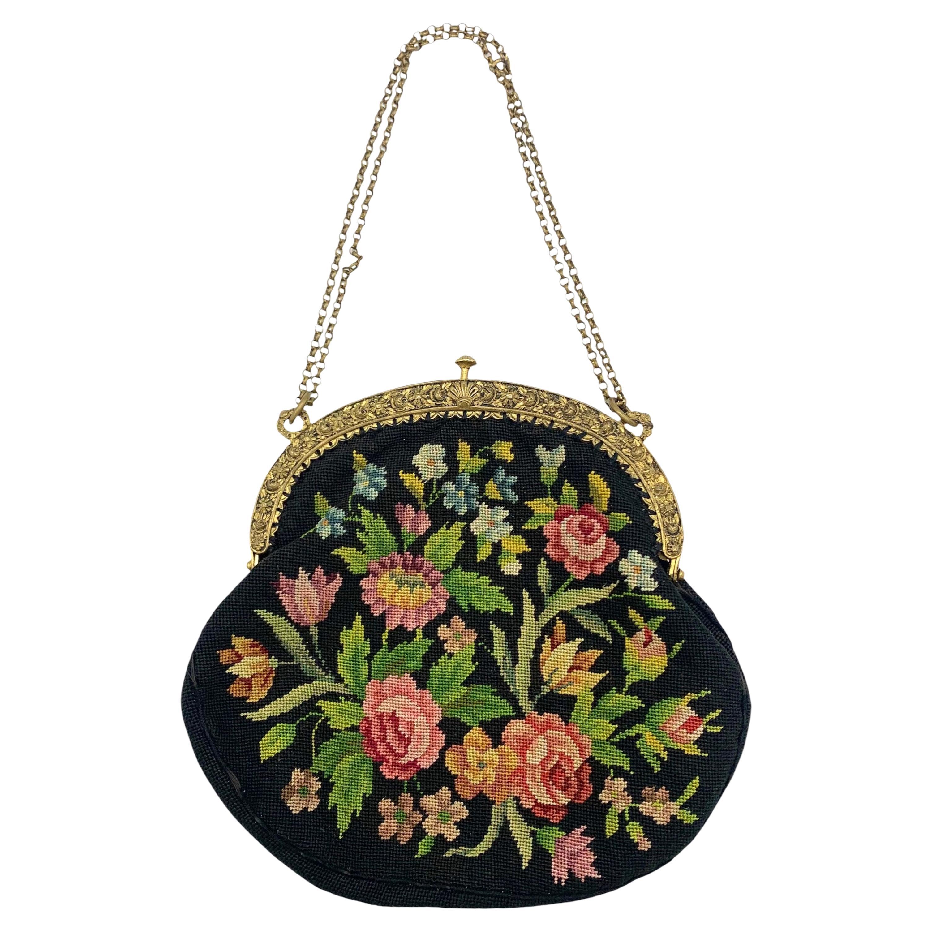 Black Floral Petit Point Purse with Gold Repoussé Frame, 1920s