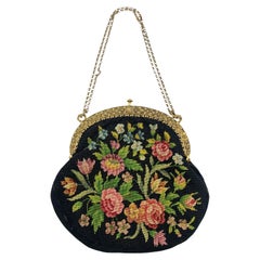 Black Floral Petit Point Purse with Gold Repoussé Frame, 1920s