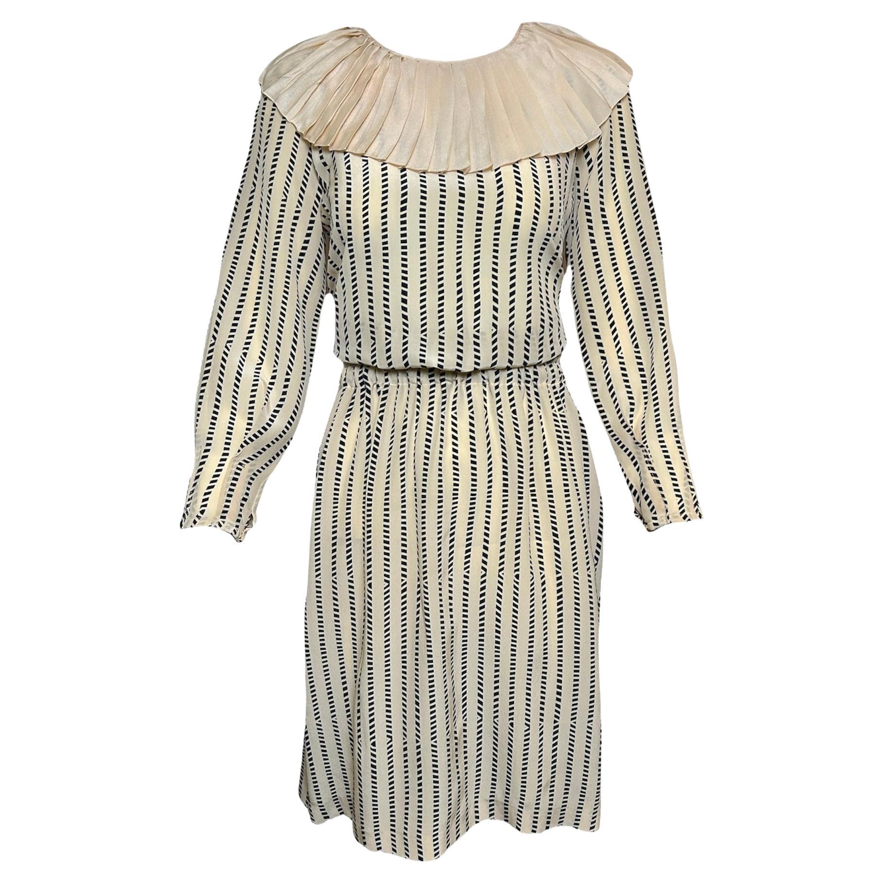 Chloe Beige and Navy Babydoll Silk Dress with Ruffle Collar, 1980s