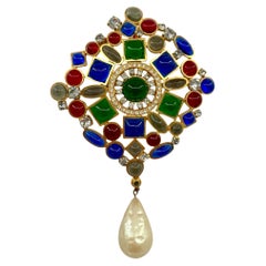 Butler & Wilson Poured Glass Jewel Tone Brooch with Pearl Drop, 1990s