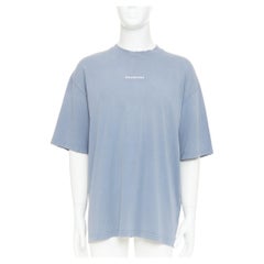 BALENCIAGA 2020 100% wool washed blue logo print crew neck oversized tshirt M