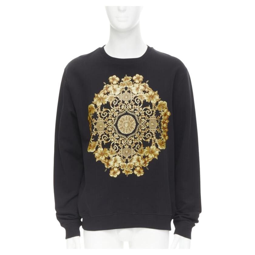 VERSACE black gold Barocco Hibiscus Medusa cotton crew sweater S