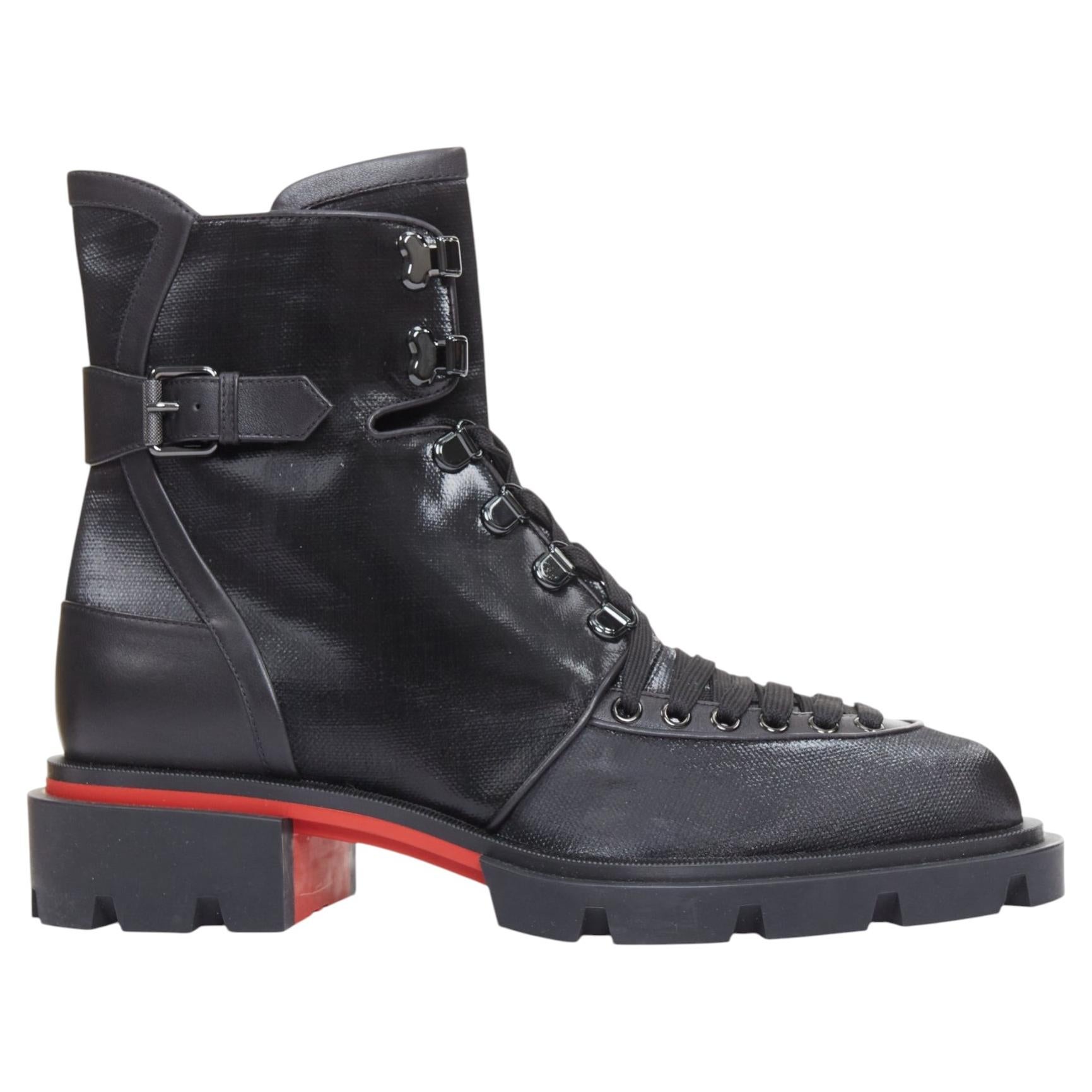 Pre-owned Christian Louboutin Our Macademia Flat Toile Coated Canvas Up Combat Boot Us10 In Black