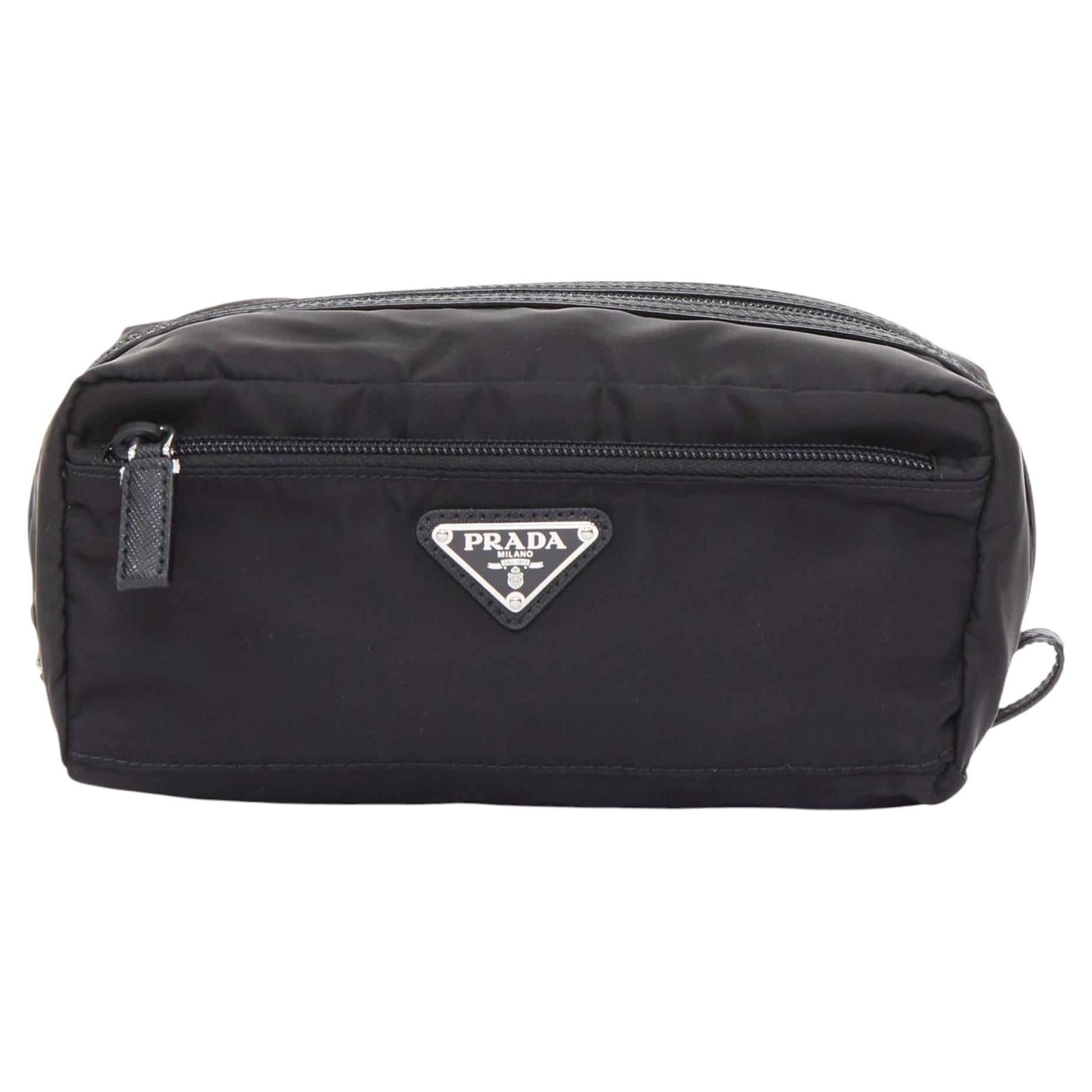 PRADA Re-Nylon saffiano leather silver triangle logo cosmetic travel pouch case For Sale