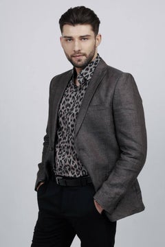 Tom Ford Men's Leopard Print Shirt L Grey Black Cotton Lyocell