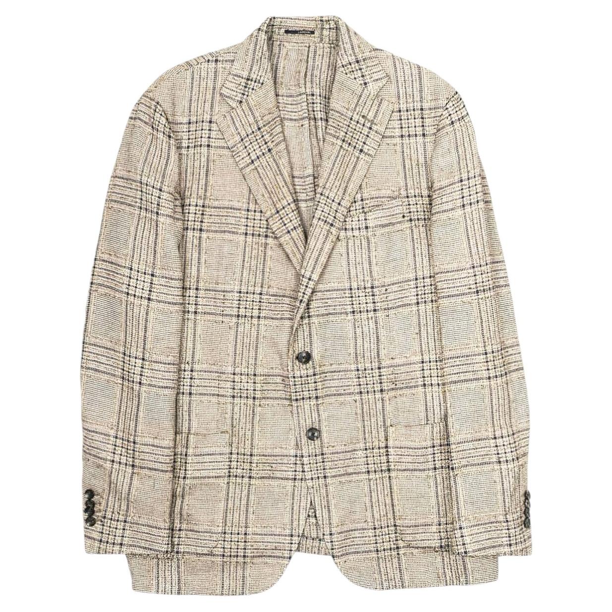 Lardini Men's Checked Blazer L-XL in Brown Blue Linen Wool Silk Blend For Sale