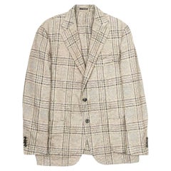 Lardini Men's Checked Blazer L-XL in Brown Blue Linen Wool Silk Blend