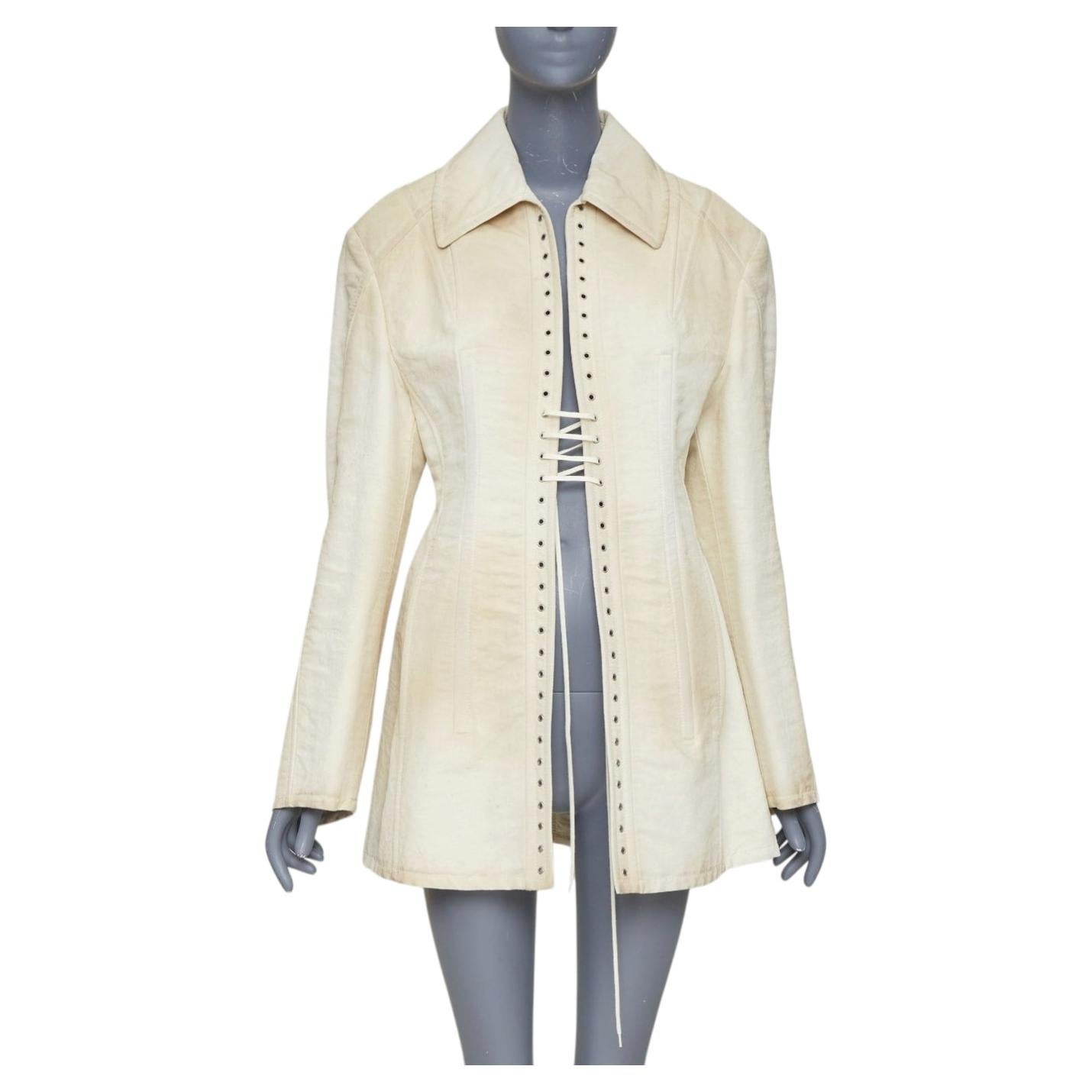 Pre-owned Miuccia Prada Prada 2022 Runway Slub Distressed Wash Effect Canvas Lace Up Corset Jacket It36 In Beige