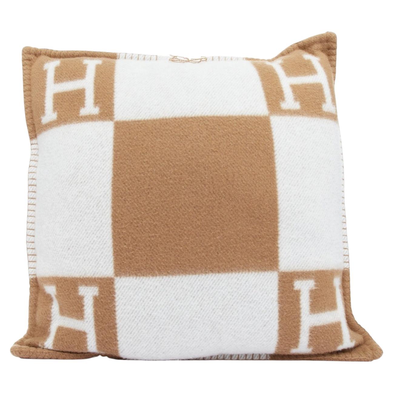 HERMES Avalon Small Model ecru camel merino wool cashmere jacquard pillow PM