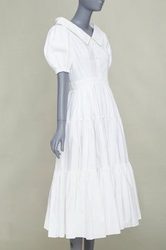 ALEXANDER MCQUEEN: abito midi in cotone bianco con maniche a sbuffo e colletto esagerato IT40