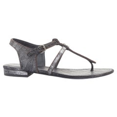 CHANEL 2006 distressed metallic silver leather pony hair t-strap sandal EU36 US6