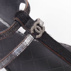 CHANEL 2006 distressed metallic silver leather pony hair t-strap sandal EU36 US6