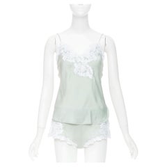 LA PERLA Maison pale green lace trim silk blend pajama camisole shorts set FR38