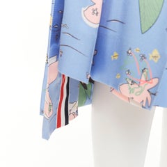 THOM BROWNE blue cartoon beach island pleated side slit raw hem silk skirt IT38