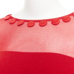 OSCAR DE LA RENTA 2019 red wool silk sheer tulle mesh yoke pom pom button top
