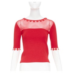 OSCAR DE LA RENTA 2019 red wool silk sheer tulle mesh yoke pom pom button top