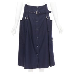 HERMES navy flanelle de laine legere buckle belt button front midi skirt FR36 S