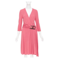 GUCCI 2007 pink viscose gold link buckle asymmetric drape wrapped midi dress M