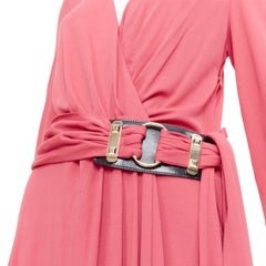 GUCCI 2007 pink viscose gold link buckle asymmetric drape wrapped midi dress M