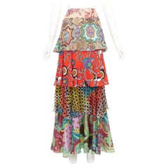 CHRISTIAN LACROIX Vintage tiered paisley patchwork silk bohemian maxi skirt FR46
