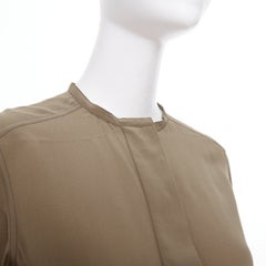 HERMES tan covered button silk band collar long sleeve midi shift dress FR34