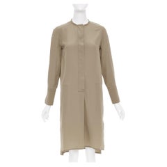 HERMES tan covered button silk band collar long sleeve midi shift dress FR34