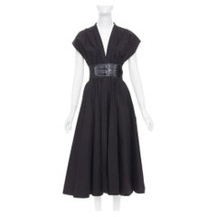 ALAIA 2023 belted leather trimmed black corset poplin casual A-line dress FR36 S