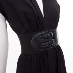 ALAIA 2023 belted leather trimmed black corset poplin casual A-line dress FR36 S