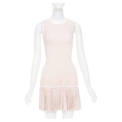 ALAIA pale blush pink open work drop waist plisse fringe knit mini dress FR36 S