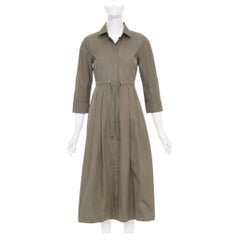 MAX MARA brown cotton poplin drawstring waist utility midi shirt dress IT36 XXS