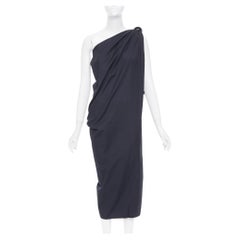 MAX MARA Sfilata – schwarzes, asymmetrisch drapiertes Midi-Kleid aus Baumwolle mit Lederbesatz, IT36, XXS