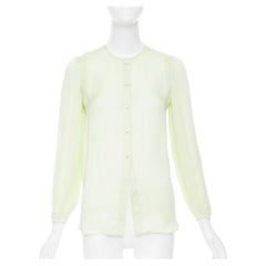GIVENCHY pale lime green collarless covered button gathered silk blouse FR34 XS