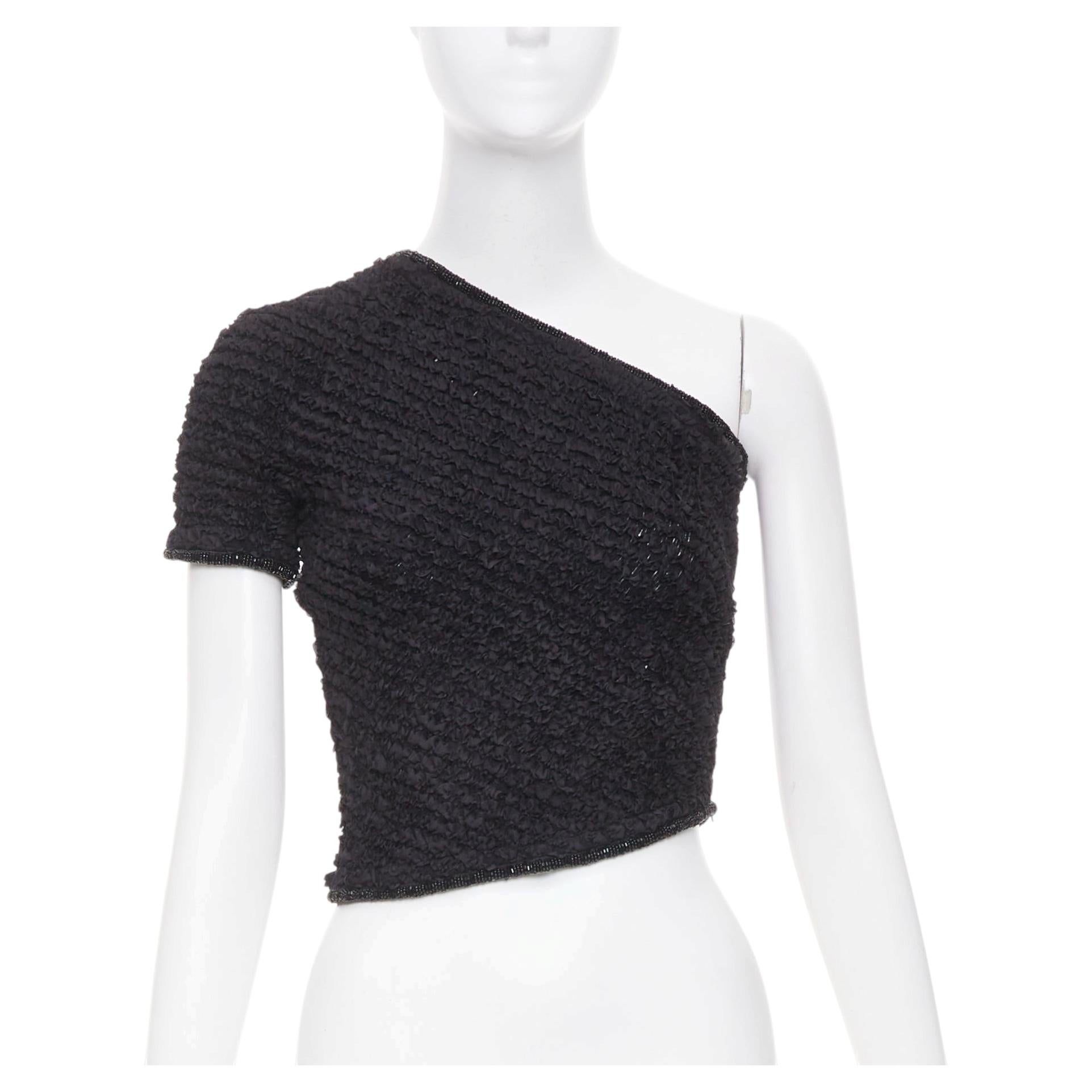 Pre-owned Ea7 Emporio Armani 1999 Runway Black Shirred Ruffle Beaded Asymmetric Top It38 Xs