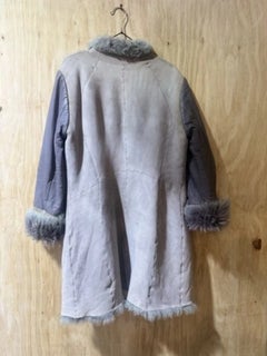 Vintage Grey Shearling Coat in Real Leather Longline Size L