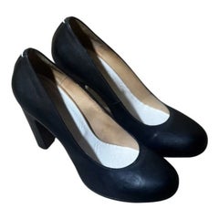 Maison Margiela Black Leather Round Toe Pumps Block Heel Size 37.5