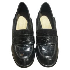 Loewe Croc Embossed Leather Loafers Sculptural Gold Heel EU 37
